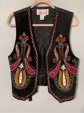 Vtg Erez Levy Leather Vest Embroidered Folk Art Boho Western Hippie Biker Medium